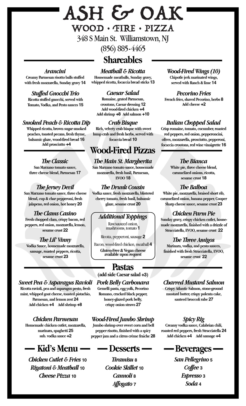 Ash and Oak Dine-In Menu